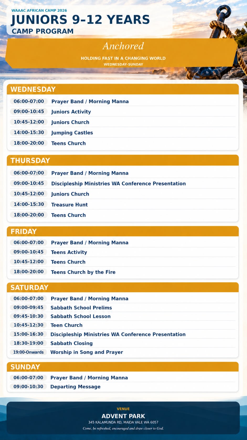Juniors 9 to 12 years camp programme card