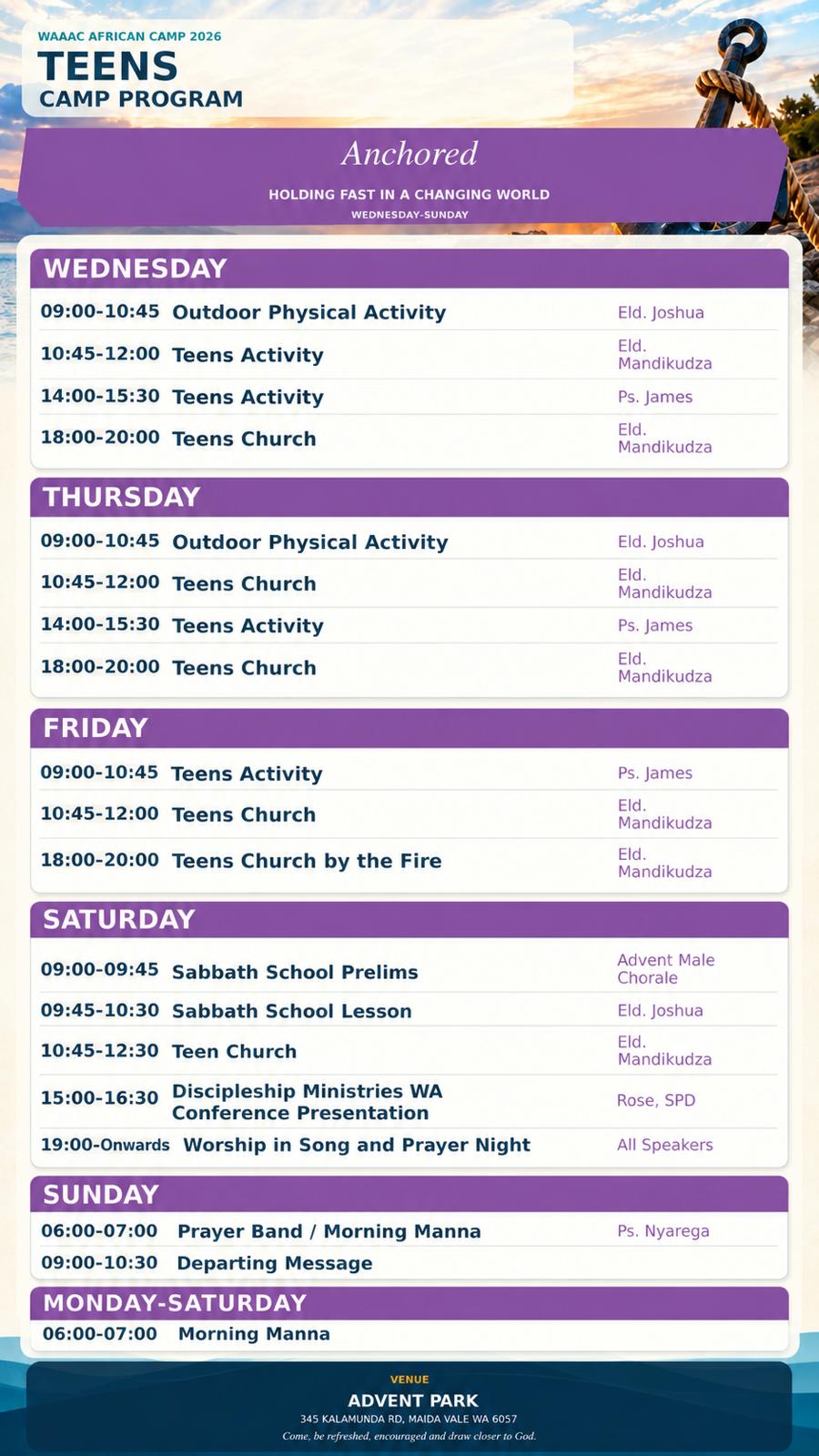 Teens camp programme card