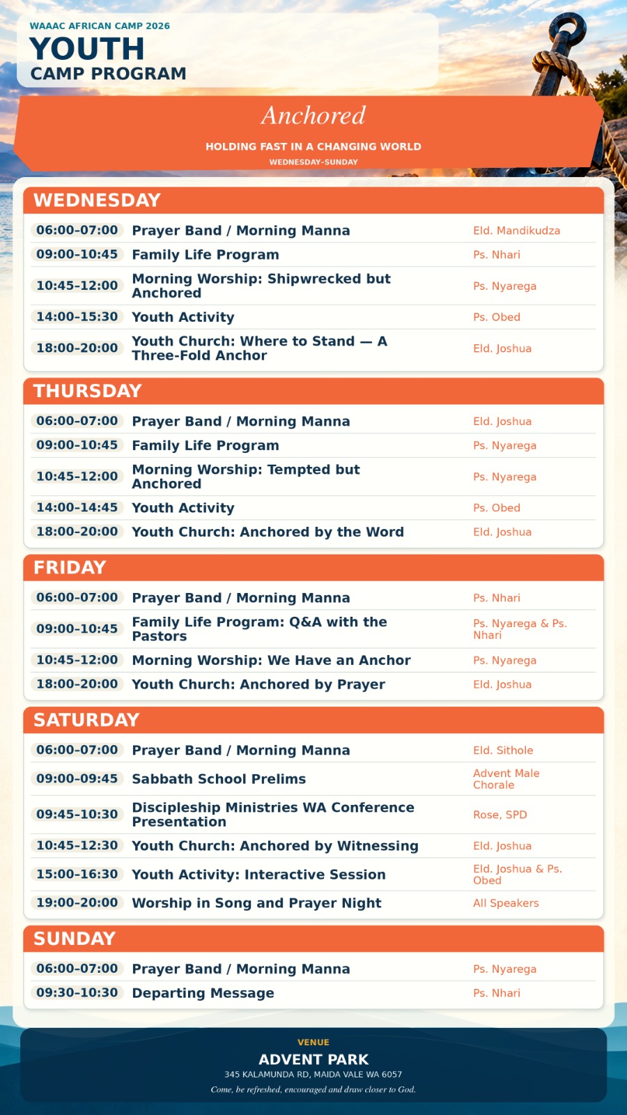 Youth camp programme card